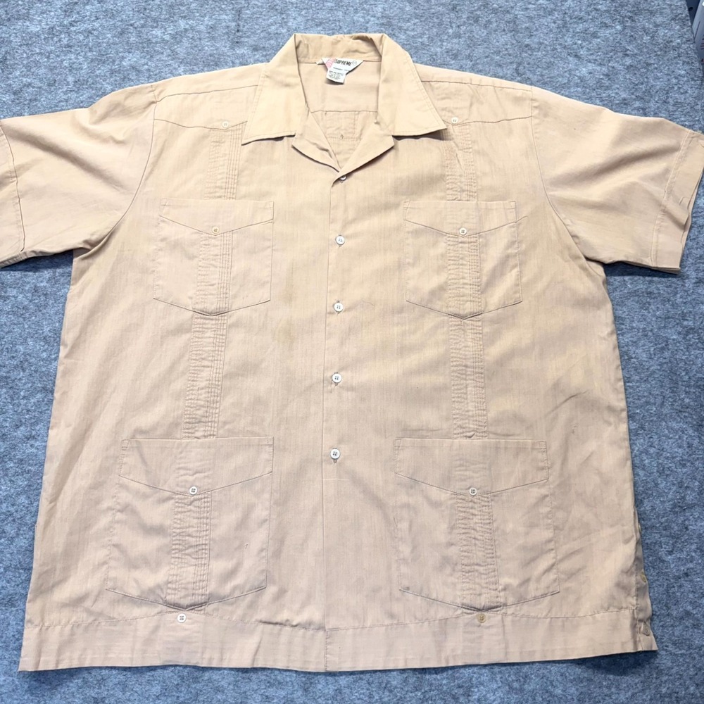 Supreme Guayabera Button Up Shirt Mens Size 1X Beige Pockets Casual Short Sleeve
